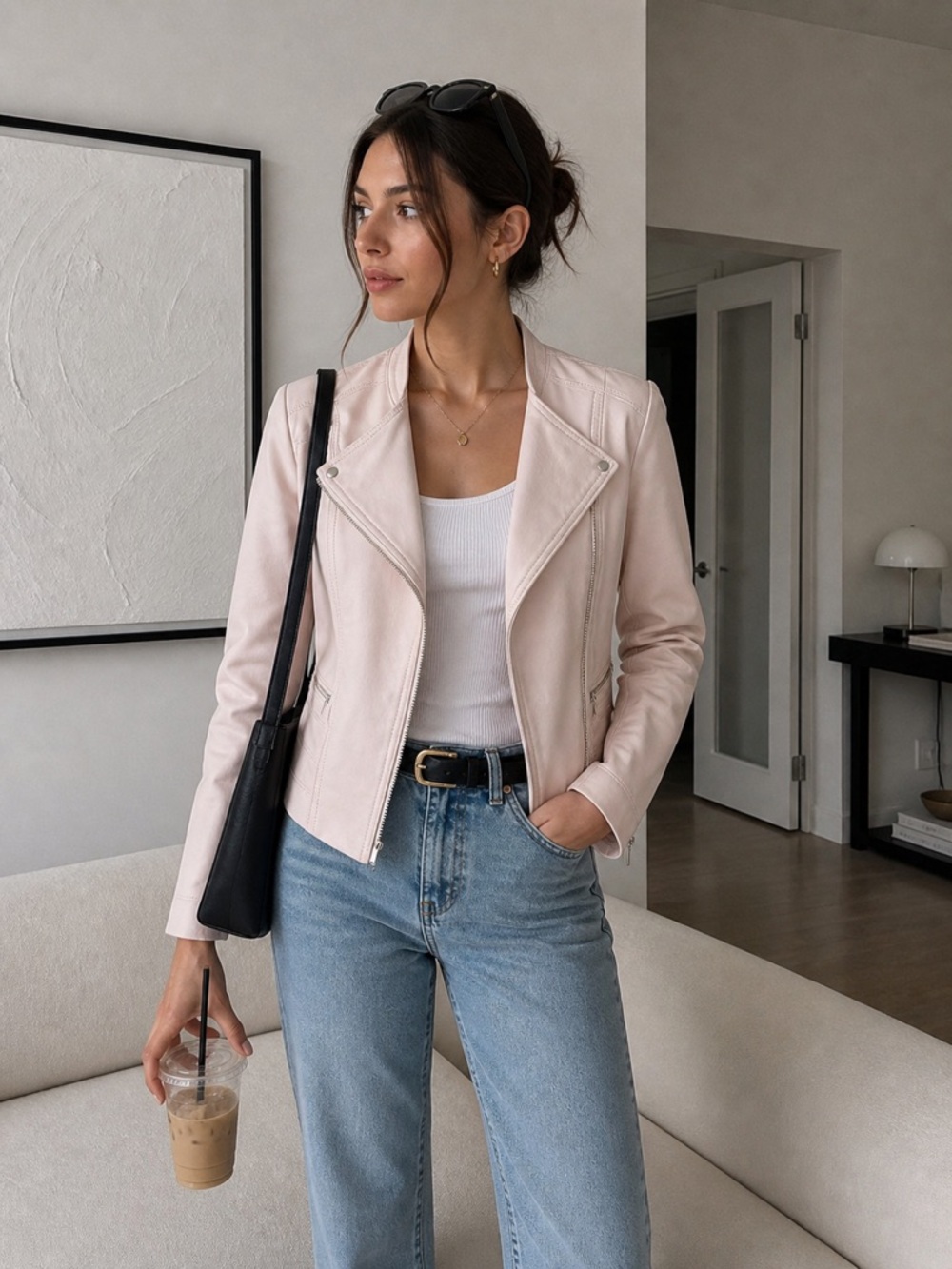 White House Black Market Blush Pink Moto Jacket Size 4 Cropped Zip Stretch